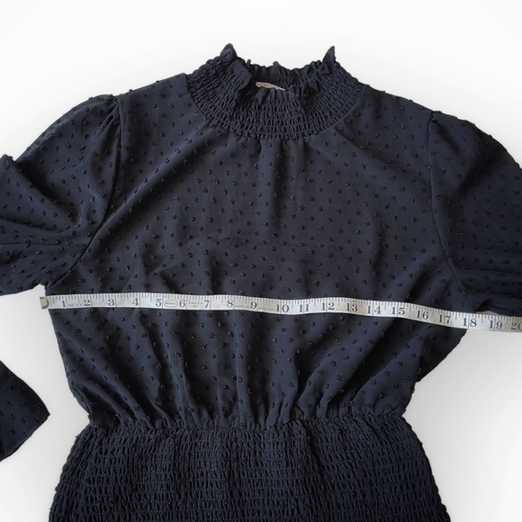 Goodnight Macaroon Mini Dress Textured Tiered Shirred Hips Black Crepe Dots 6 - Picture 8 of 10